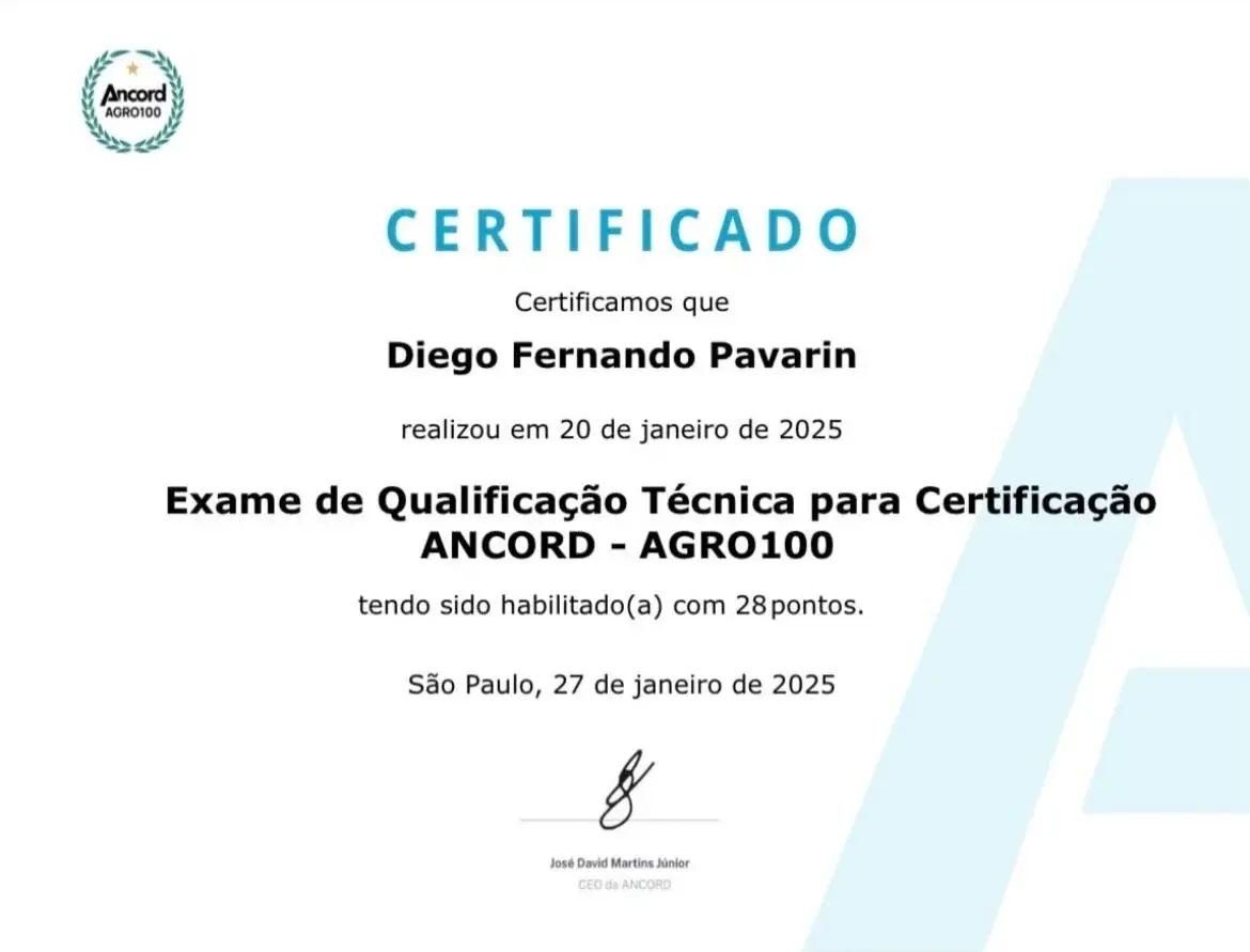 Certificado ANCORD AGRO100 emitido a Diego Fernando Pavarin em janeiro de 2025